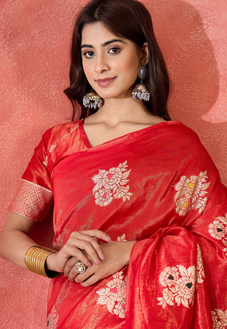 Red Shimmer Saree With Blouse