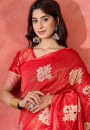 Red Shimmer Saree With Blouse