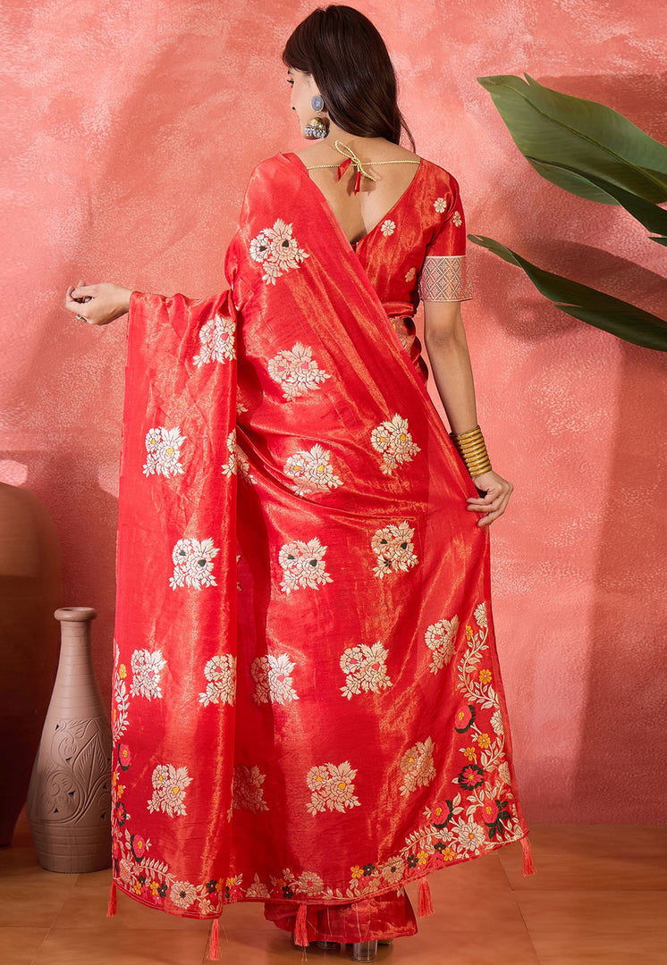 Red Shimmer Saree With Blouse