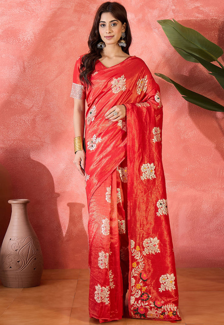 Red Shimmer Saree With Blouse