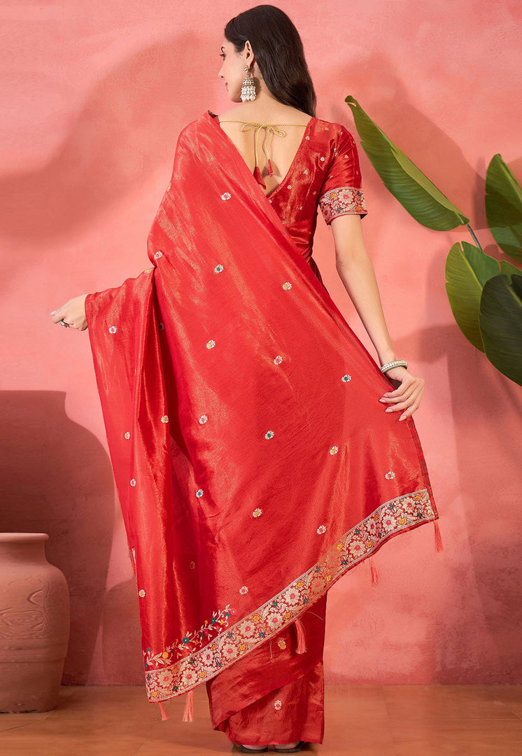 Red Shimmer Saree With Blouse