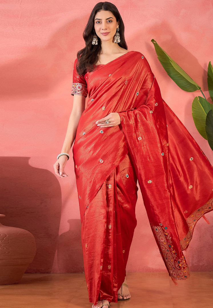 Red Shimmer Saree With Blouse