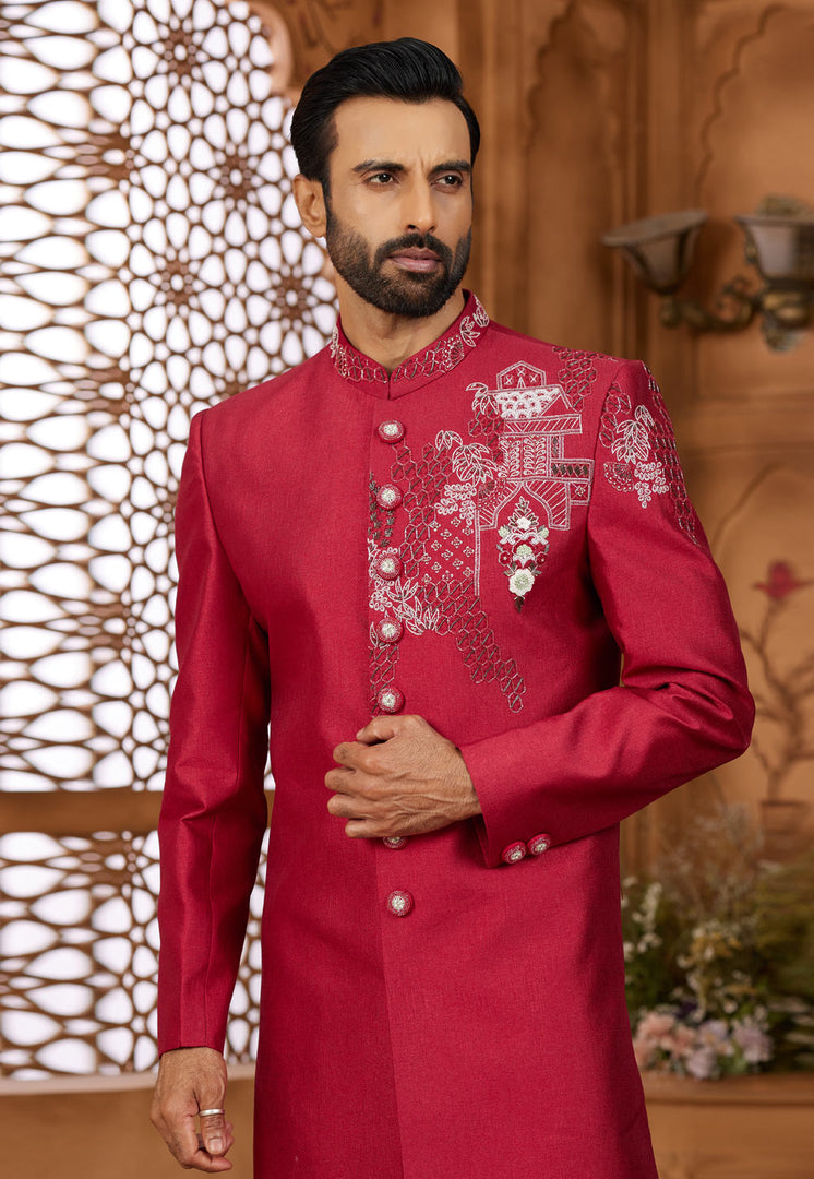 Red Silk Indo Western Sherwani