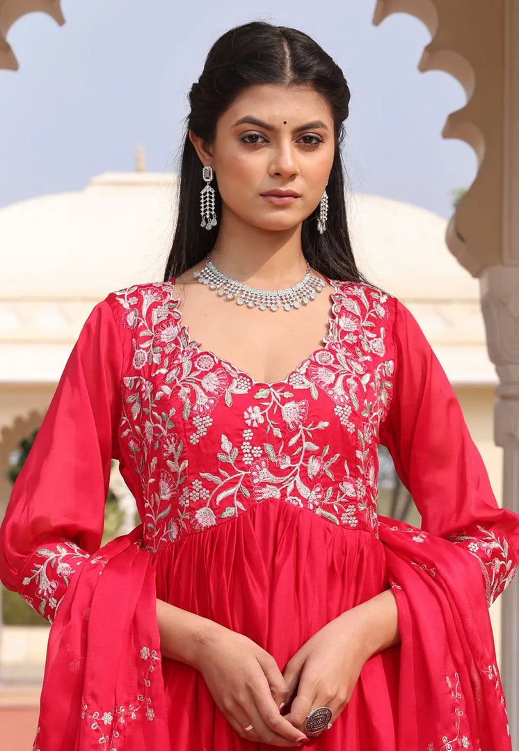 Red Silk Long Anarkali Suit
