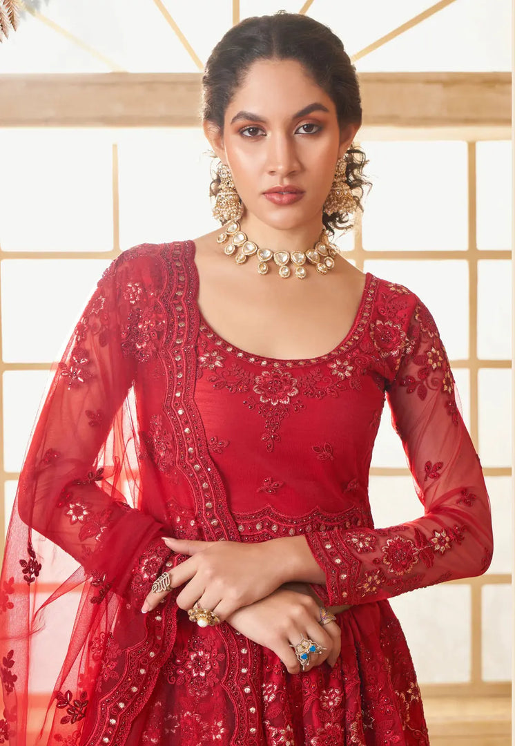 Red Silk Net Lehenga Choli