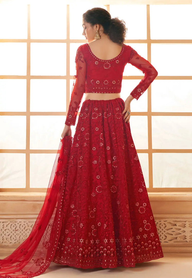 Red Silk Net Lehenga Choli