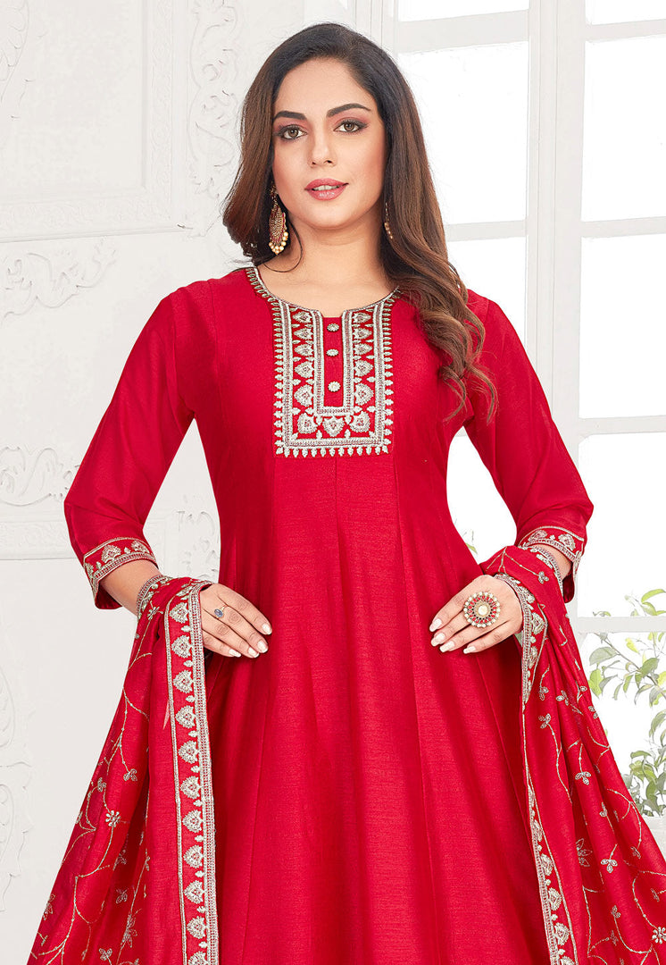 Red Silk Readymade Anarkali Suit
