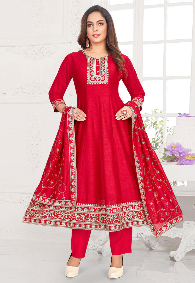 Red Silk Readymade Anarkali Suit