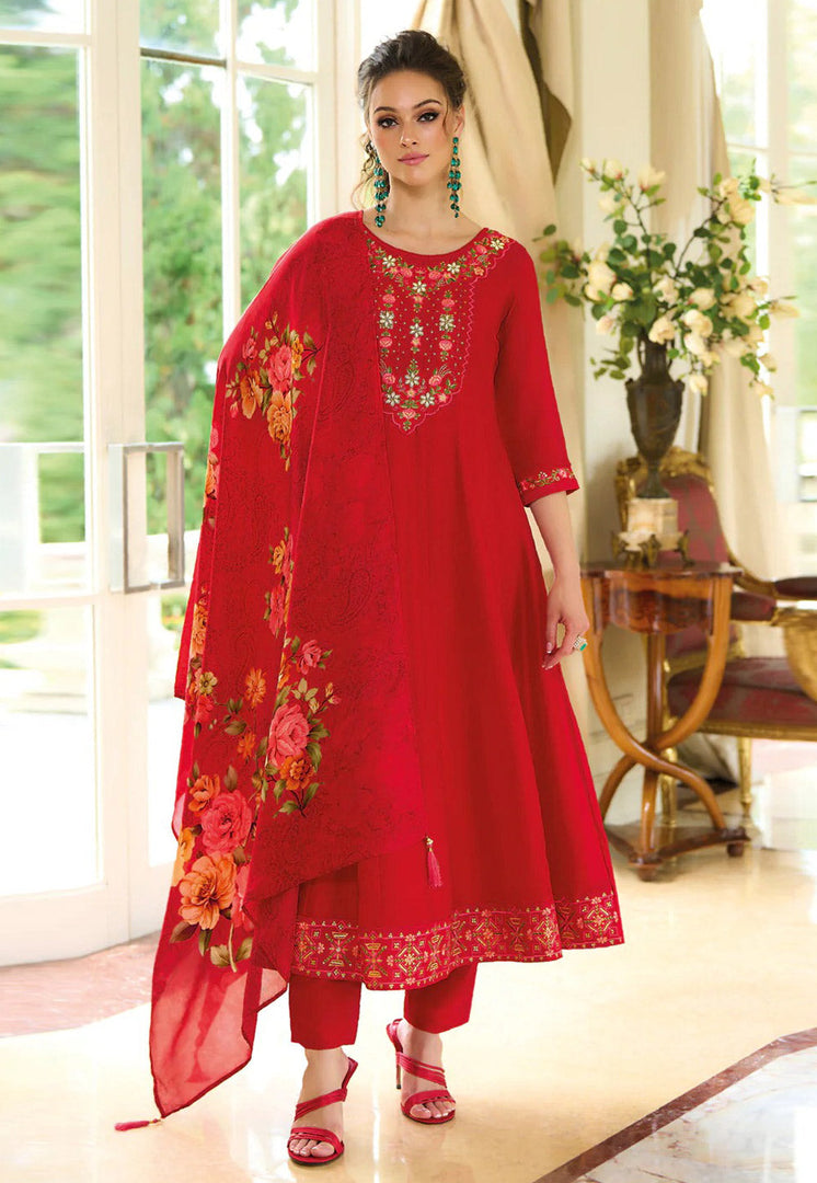 Red Silk Readymade Anarkali Suit
