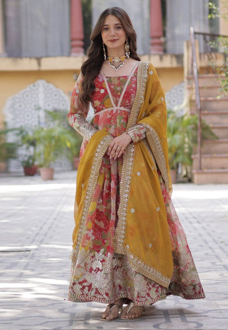Red Silk Readymade Long Anarkali Suit