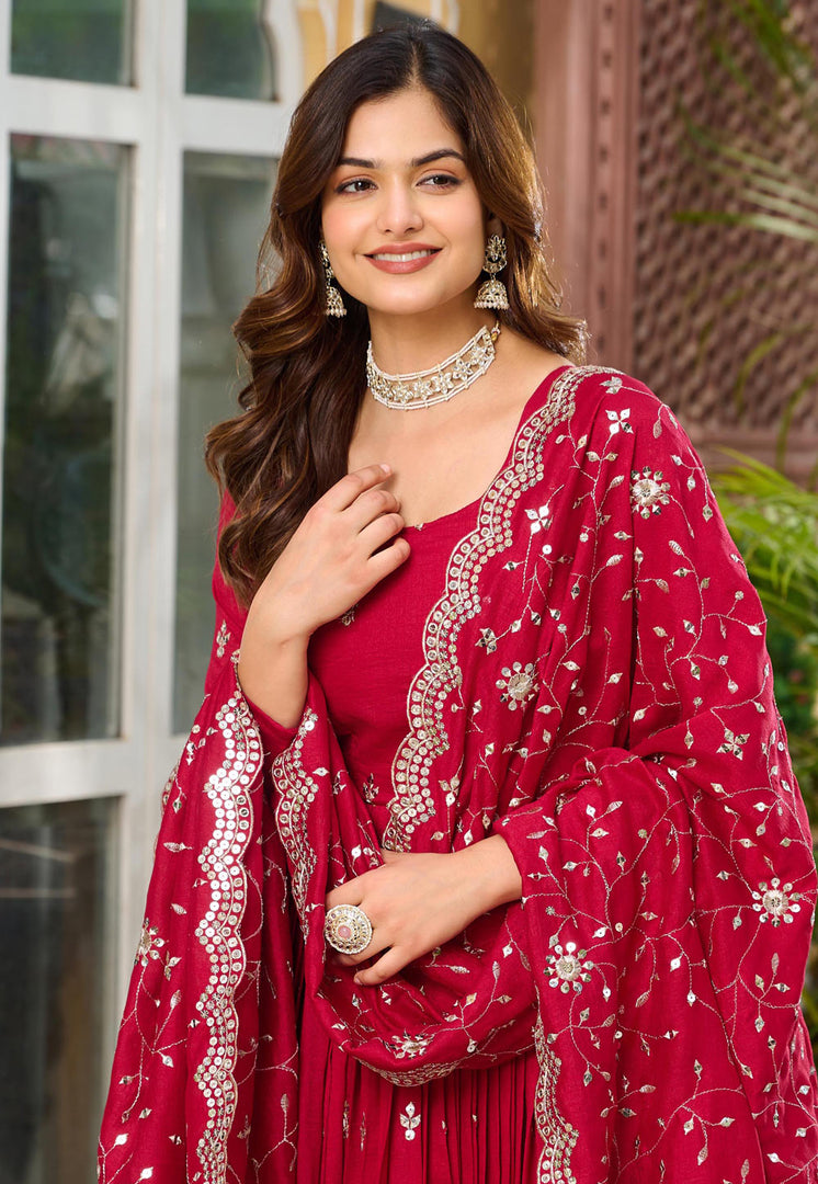Red Silk Readymade Long Anarkali Suit