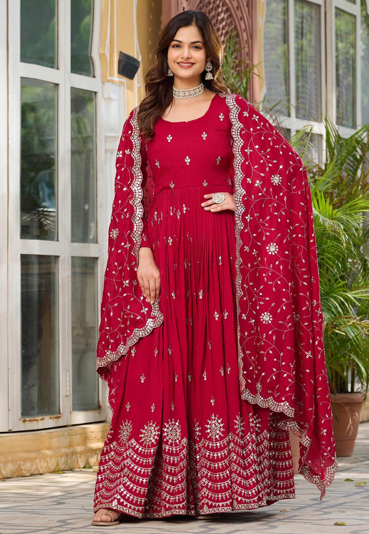 Red Silk Readymade Long Anarkali Suit