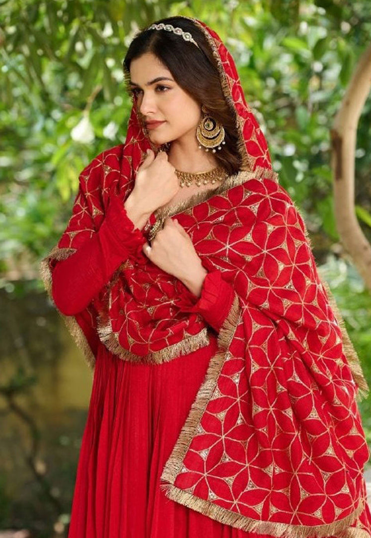 Red Silk Readymade Long Anarkali Suit