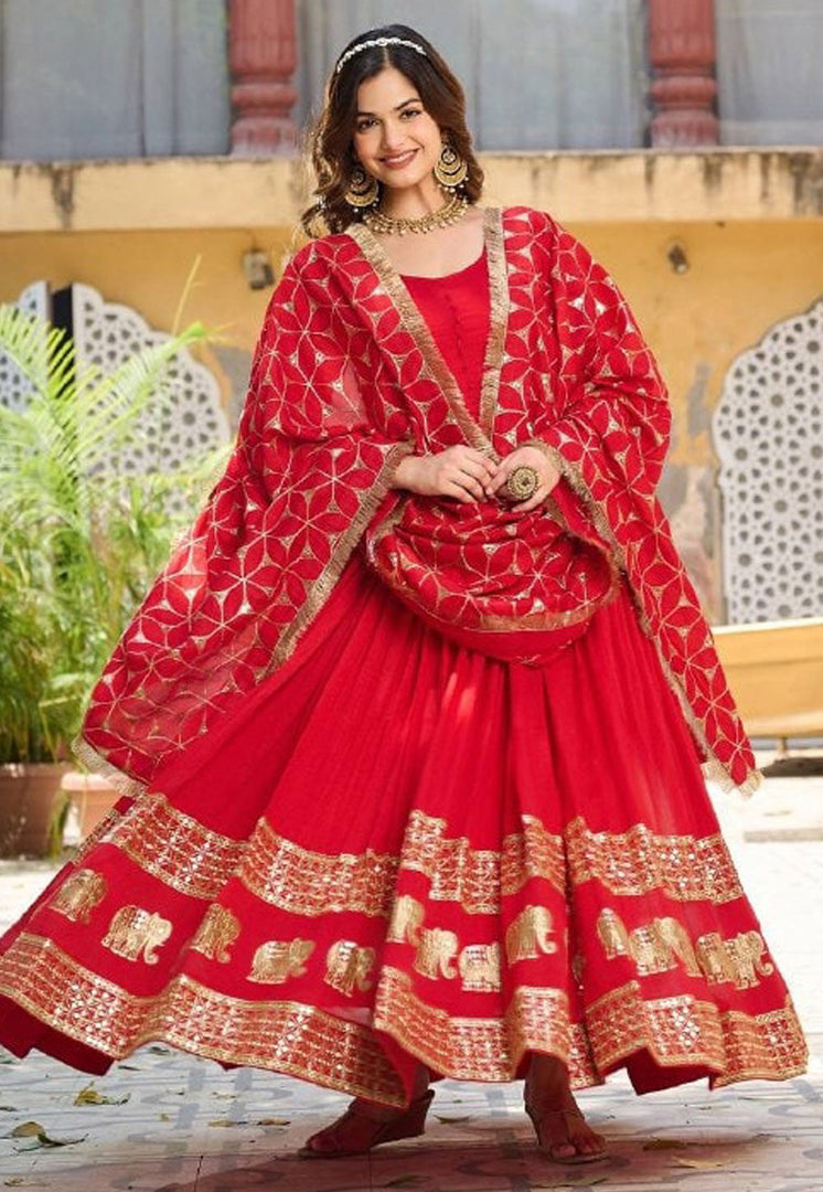 Red Silk Readymade Long Anarkali Suit