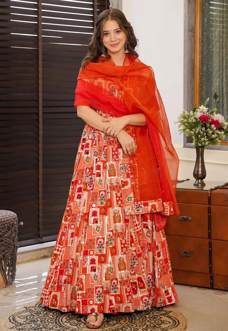 Red Silk Readymade Long Anarkali Suit