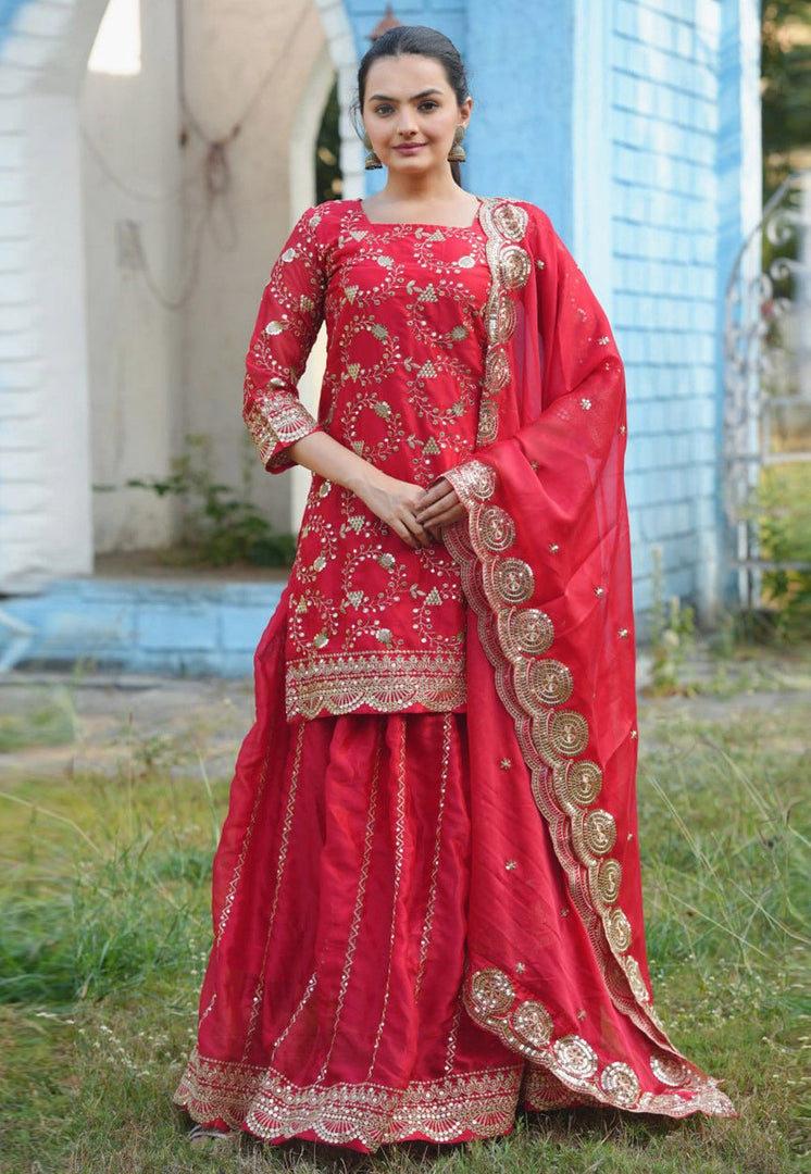 Red Silk Readymade Long Choli Lehenga