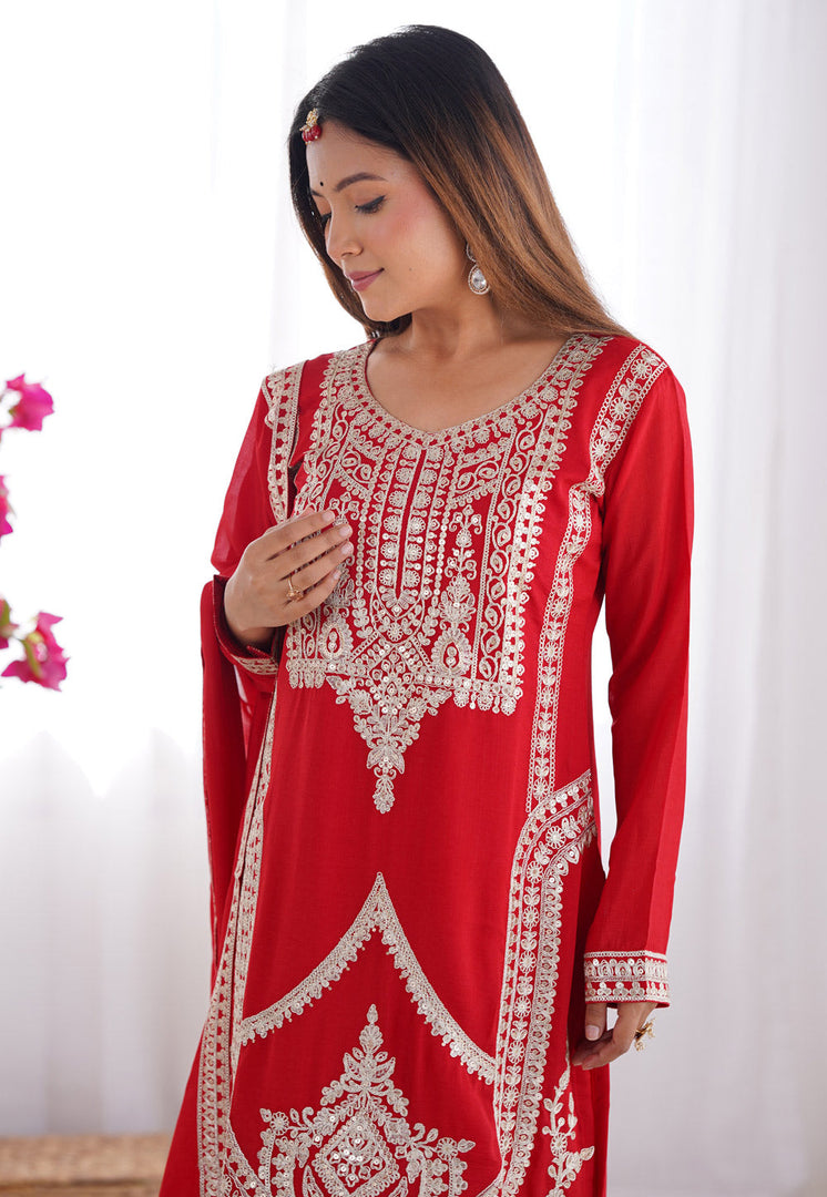 Red Silk Readymade Palazzo Suit