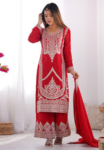 Load image into Gallery viewer, Red Silk Readymade Palazzo Suit
