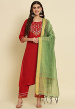 Load image into Gallery viewer, Red Silk Readymade Pant Style Suit
