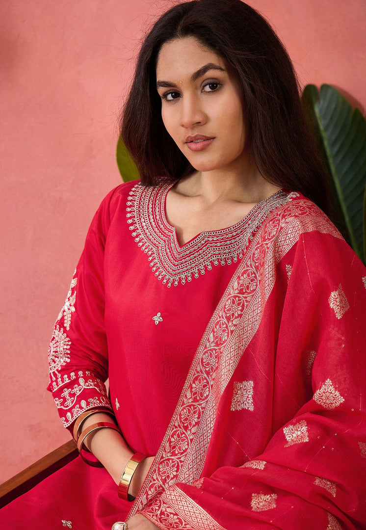 Red Silk Readymade Pant Style Suit