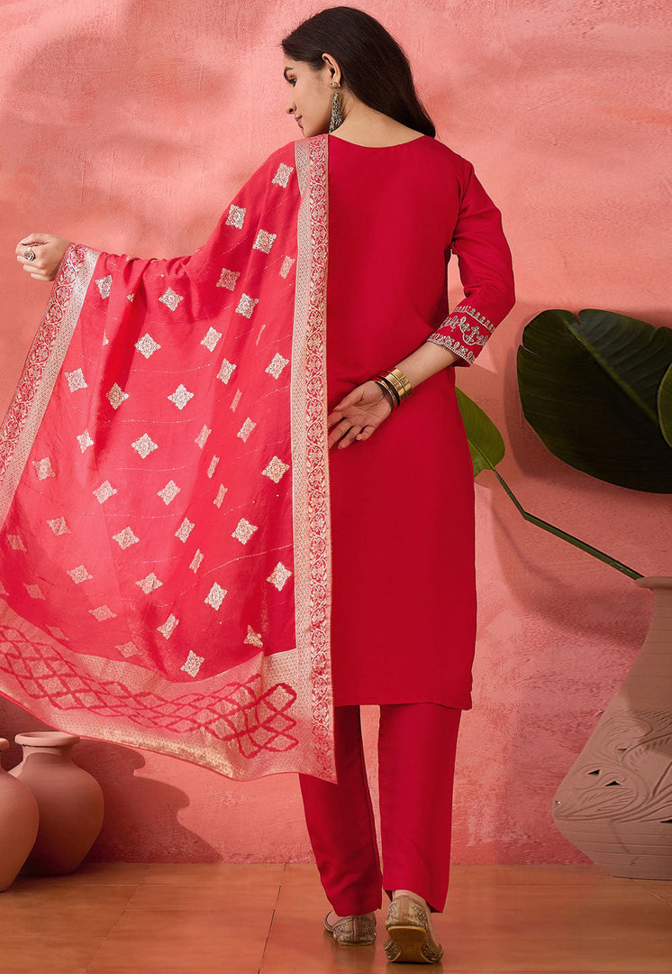 Red Silk Readymade Pant Style Suit
