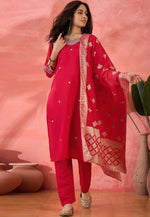Load image into Gallery viewer, Red Silk Readymade Pant Style Suit
