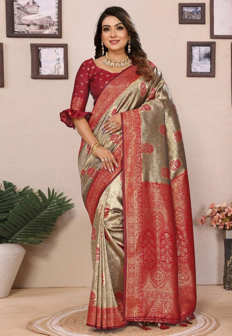 Red Tissue Silk Saree With Blouse