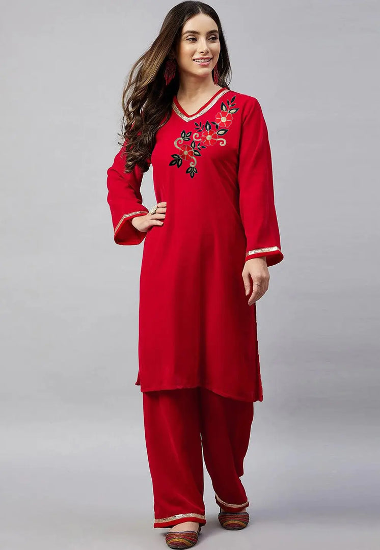 Red Velvet Kurta Set With Palazzo