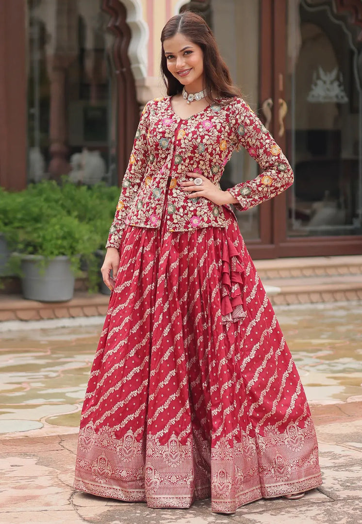 Red Viscose Jacquard Readymade Long Choli Lehenga