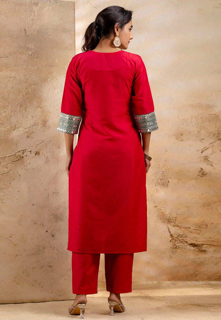 Red Viscose Rayon Readymade Pant Style Suit