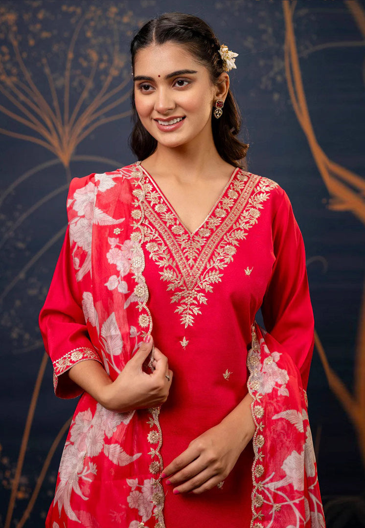 Red Viscose Rayon Readymade Pant Style Suit