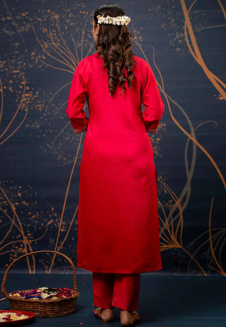 Red Viscose Rayon Readymade Pant Style Suit