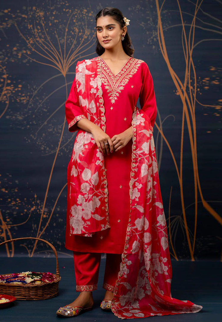 Red Viscose Rayon Readymade Pant Style Suit