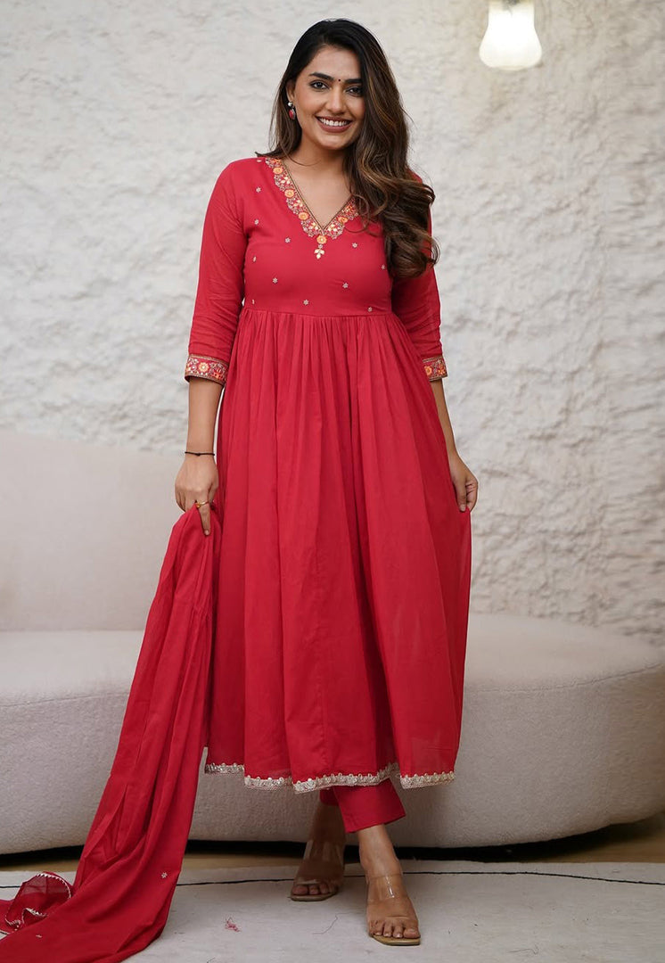 Red Viscose Readymade Anarkali Suit