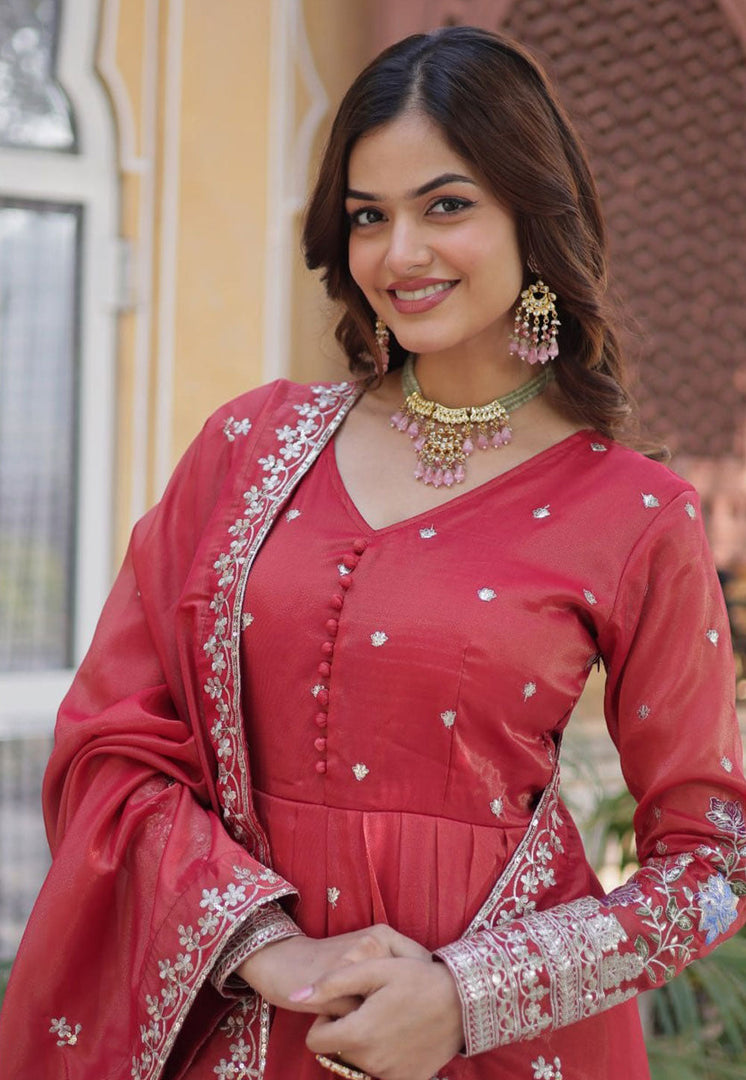 Red Viscose Readymade Long Anarkali Suit