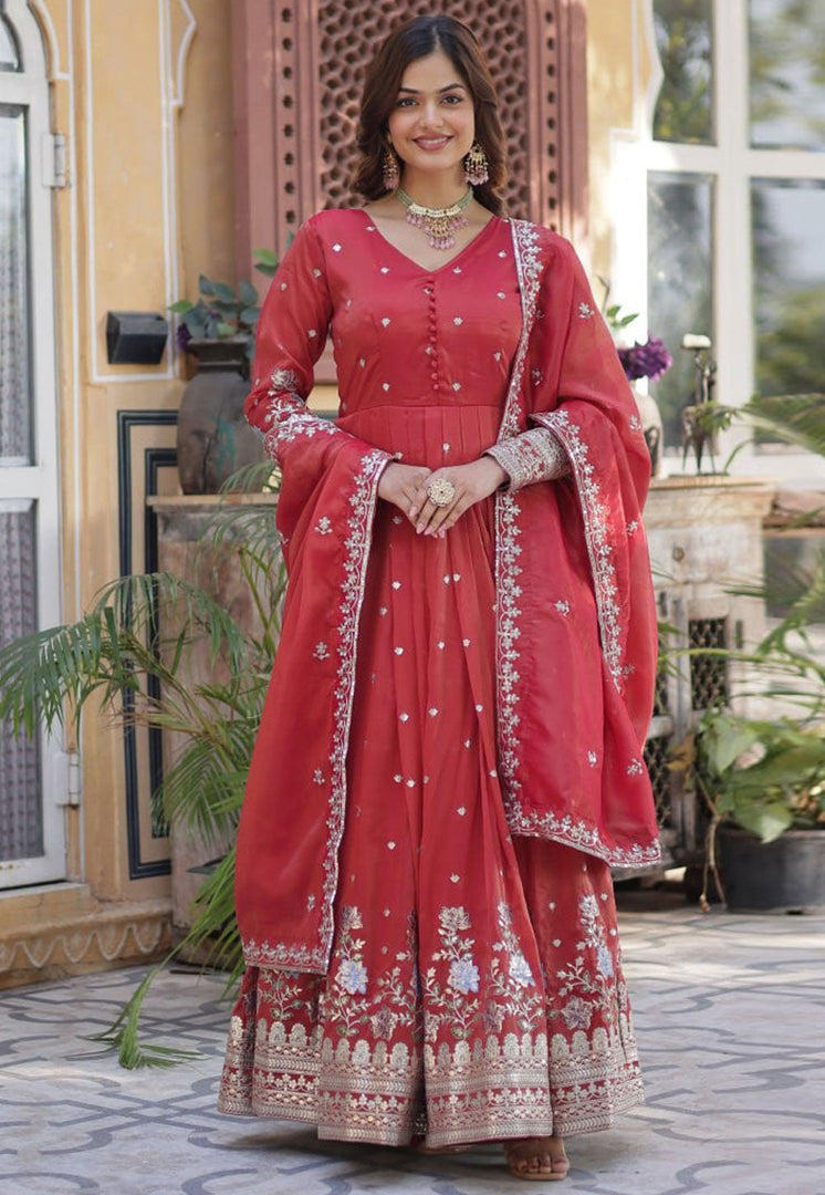 Red Viscose Readymade Long Anarkali Suit