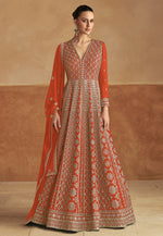 Load image into Gallery viewer, Rust Chinon Embroidered Long Anarkali Suit

