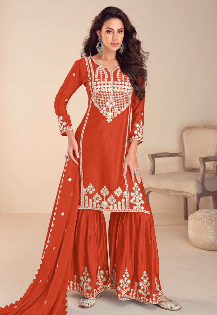 Rust Chinon Silk Gharara Suit