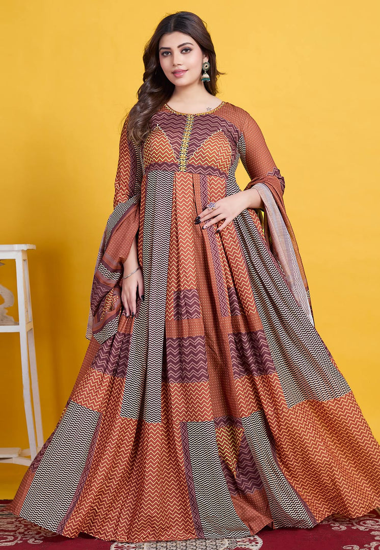 Rust Cotton Readymade Long Anarkali Suit