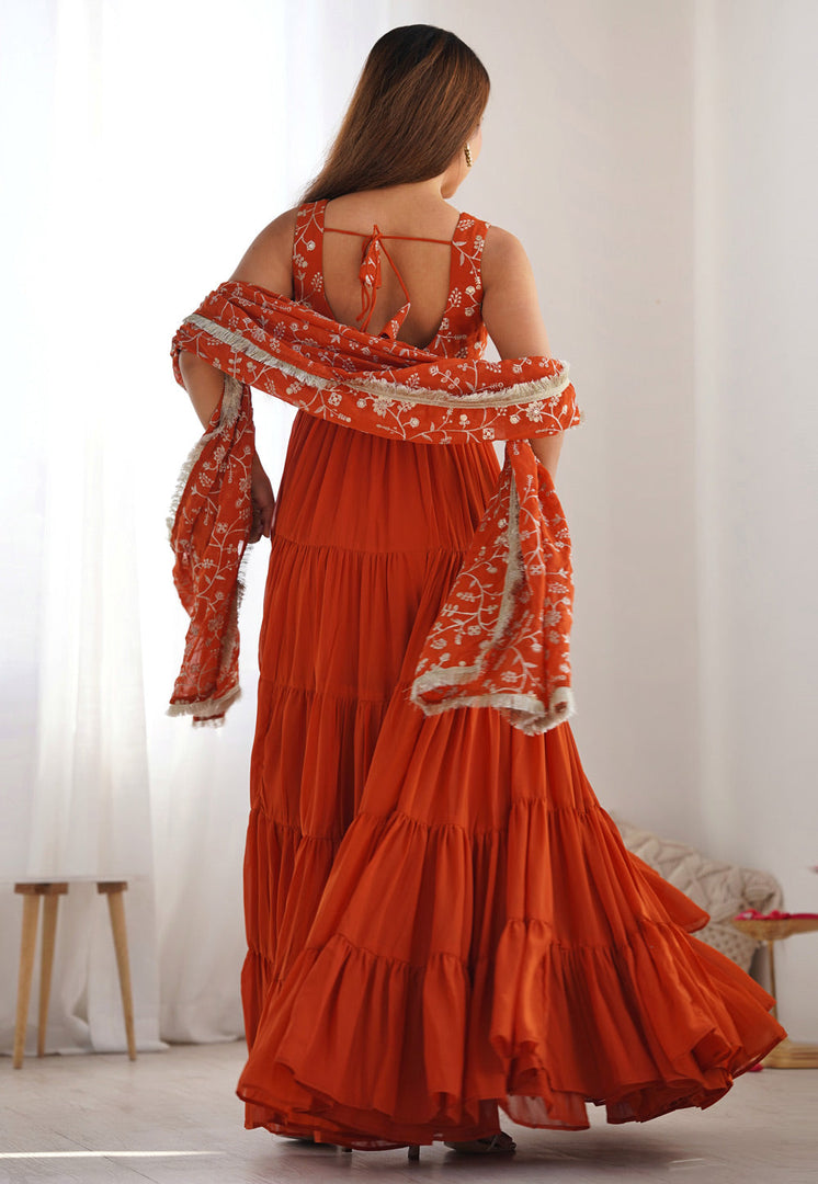 Rust Faux Georgette Readymade Long Anarkali Suit