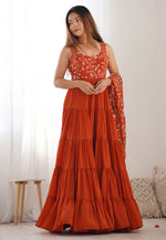 Load image into Gallery viewer, Rust Faux Georgette Readymade Long Anarkali Suit
