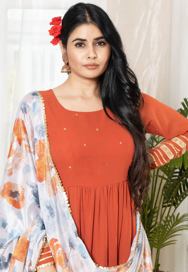 Rust Georgette Readymade Pant Style Suit
