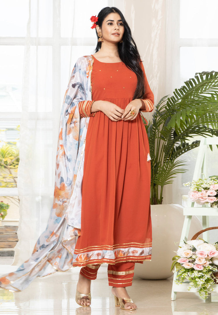 Rust Georgette Readymade Pant Style Suit