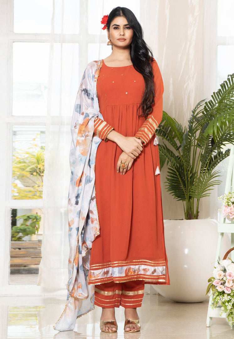 Rust Georgette Readymade Pant Style Suit