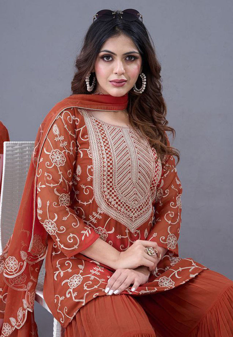 Rust Georgette Readymade Sharara Suit