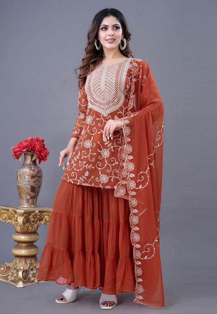 Rust Georgette Readymade Sharara Suit