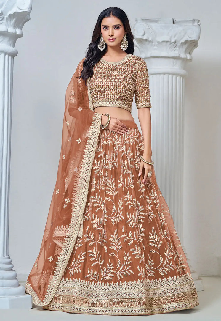 Rust Net Lehenga Choli