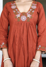 Load image into Gallery viewer, Rust Rayon Readymade Anarkali Suit
