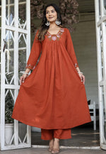 Load image into Gallery viewer, Rust Rayon Readymade Anarkali Suit

