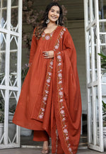 Load image into Gallery viewer, Rust Rayon Readymade Anarkali Suit
